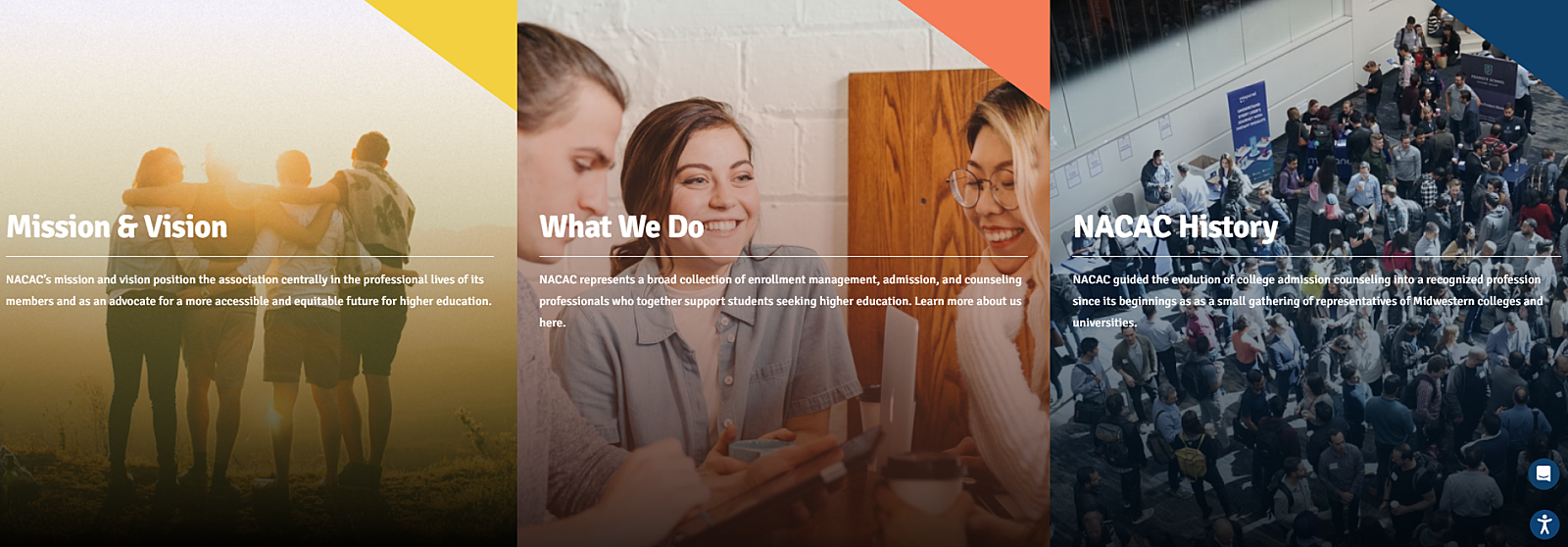NACAC 공식 웹사이트 소개 화면 — Mission & Vision, What We Do, NACAC History